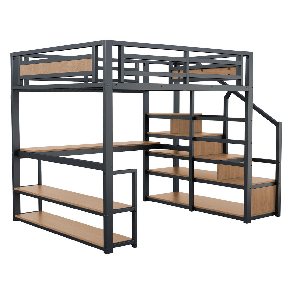 HOCHBETT 140/200 cm aus Metall und MDF mit Leiterregal und Schreibtisch Schwarz - Schwarz, Metall (140/200cm) - Modenvie