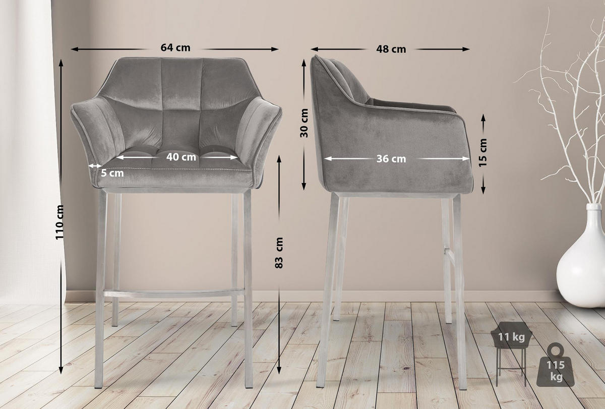 BARHOCKER Damaskus E Samt mit 4-Fuß Gestell grau - Edelstahlfarben/Grau, Textil/Metall (64/110/48cm) - TPFLiving