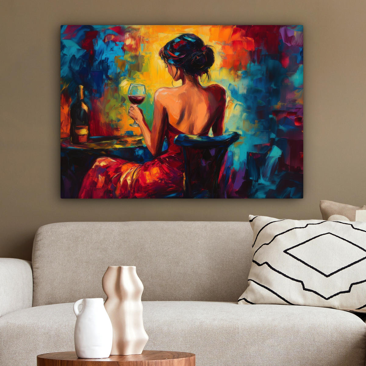 LEINWANDBILD Wein - Frau - Stimmungsvoll - Farbenfroh Wandbilder 80x60 cm - Bordeaux, Textil (80/60cm) - MuchoWow