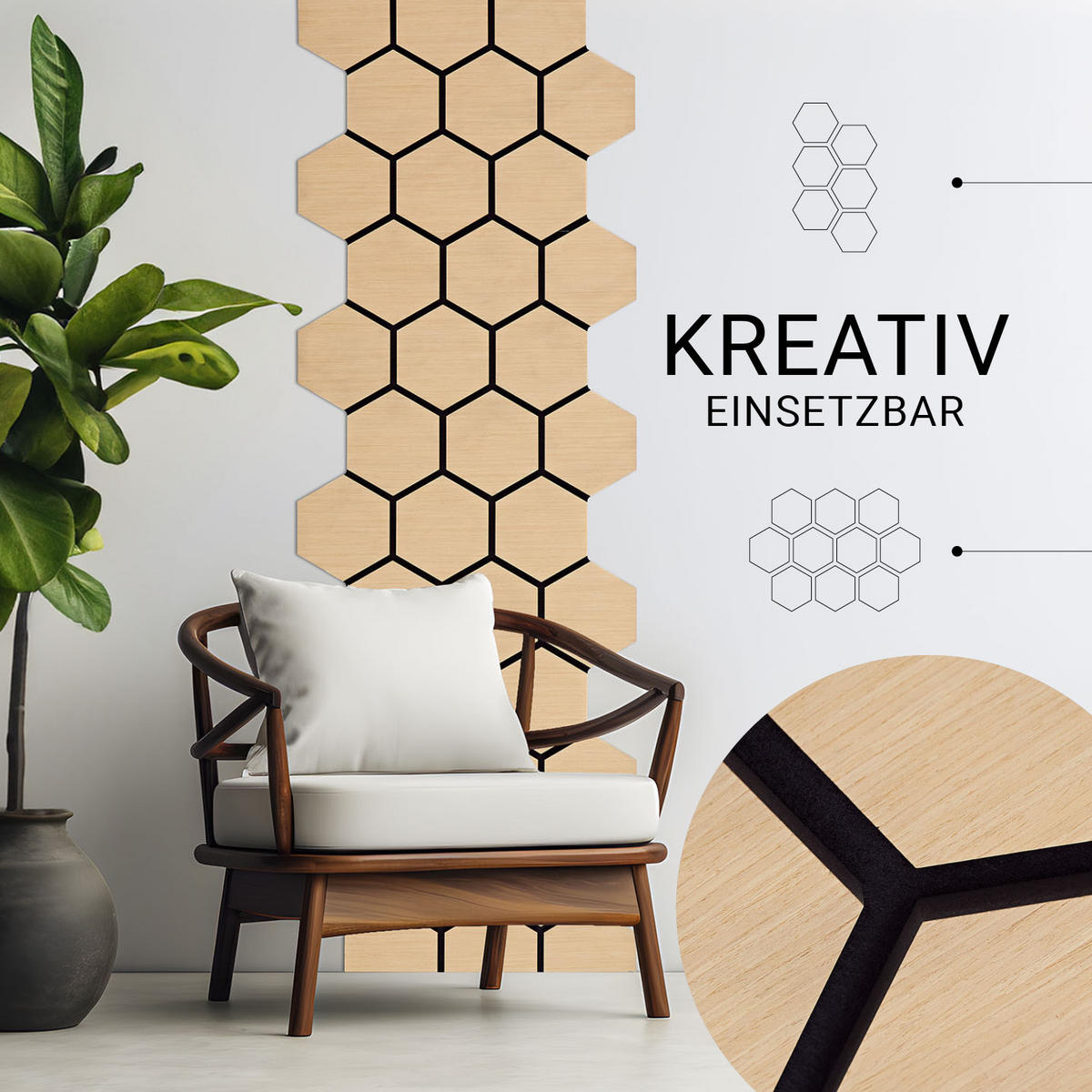 AKUSTIKPANEEL Hexagon Naturfarben 8 Stück - Naturfarben, Holz (62/76/2cm) - Homestyle4u