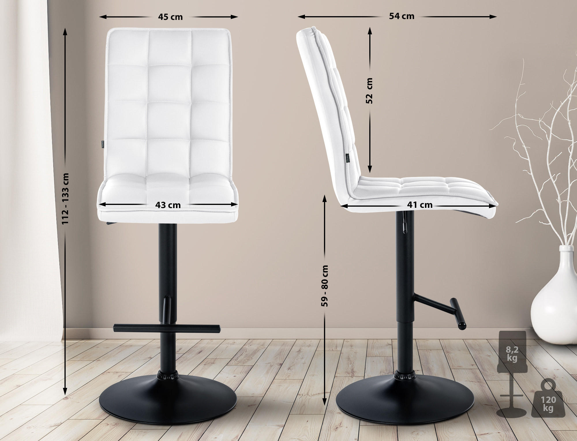 BARHOCKER Lederlook weiß - Walnussfarben/Schwarz, Textil/Metall (45/112/54cm) - CLP