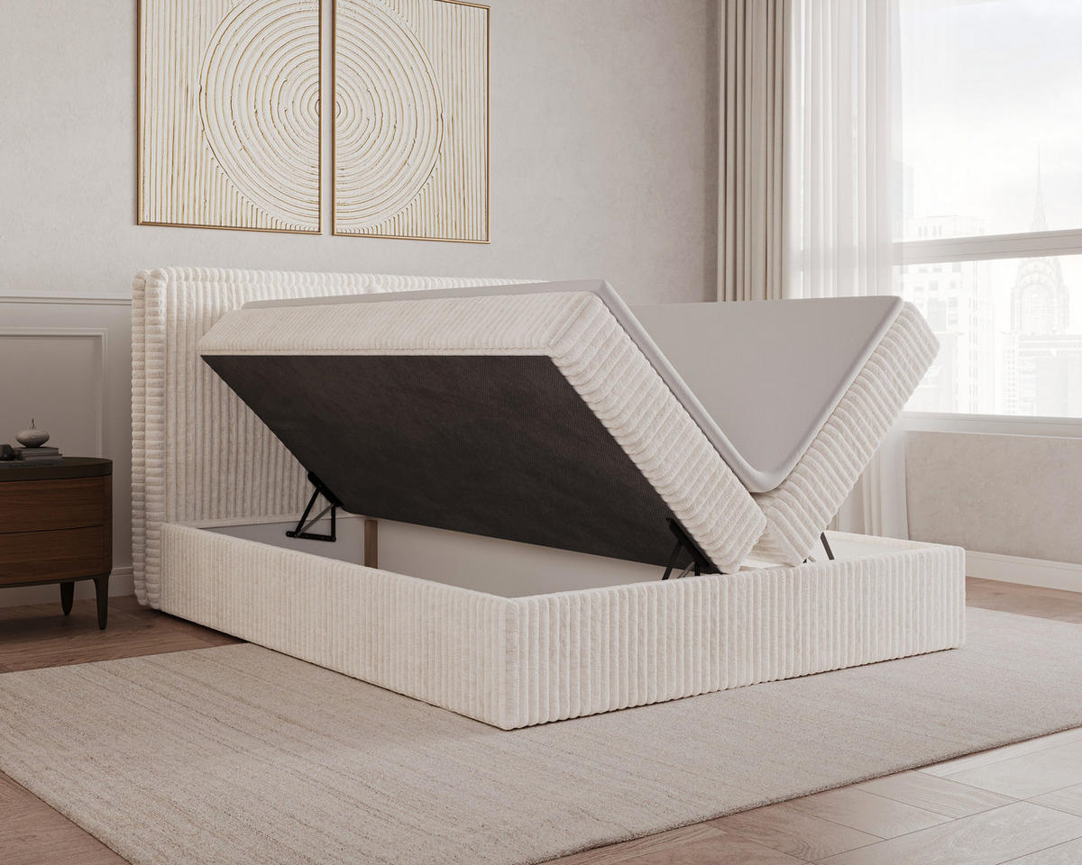 BOXBETT 04 140 x 200 cm - Ambience – Modernes Polsterbett mit Bettkasten, Topper und gepolstertem Kopfteil, Stoffbezug, Stauraumbett - Creme, Holz (140/200cm) - ROYAL24_MARKT
