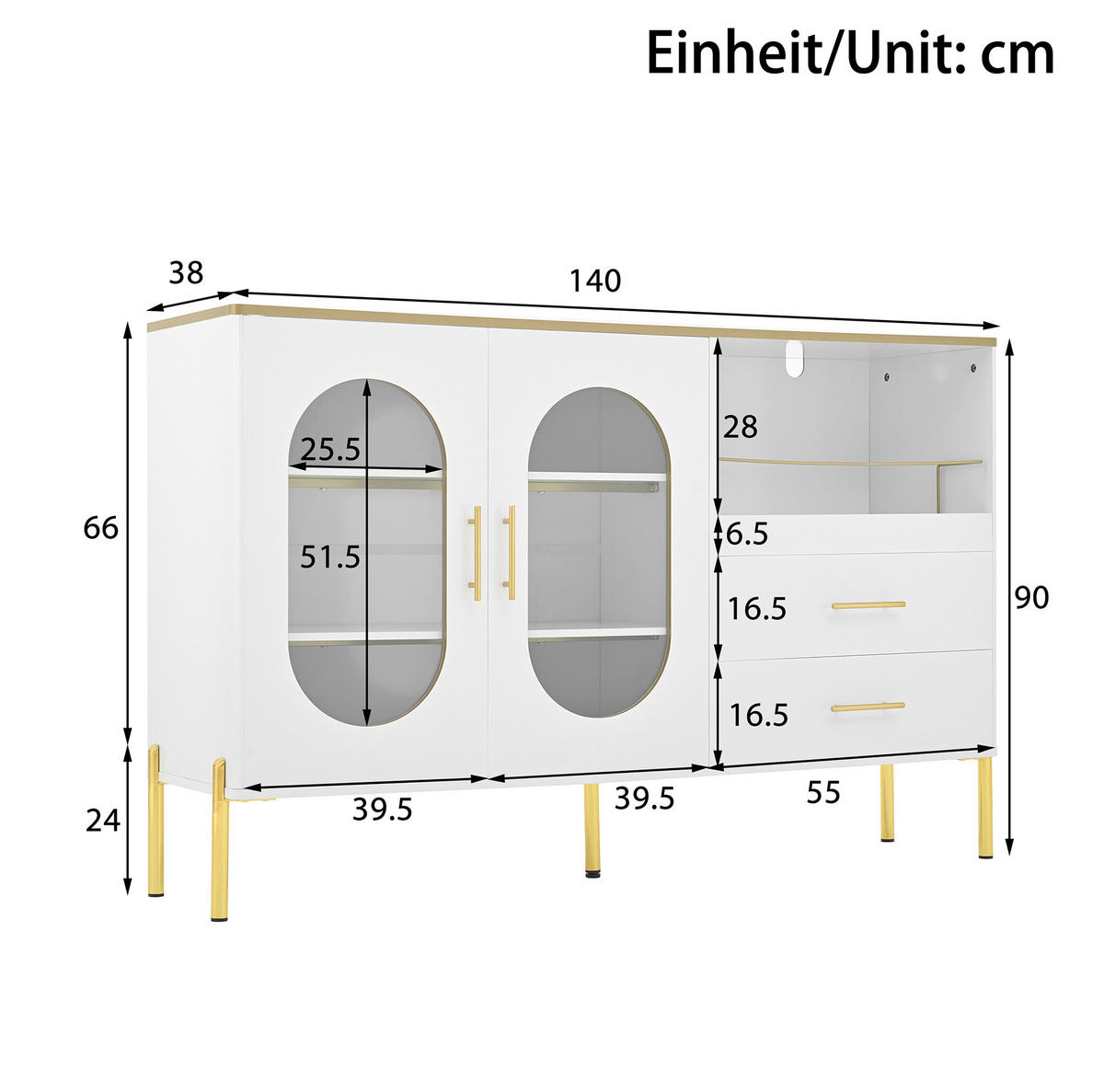 KOMMODE aus MDF 140x38x90cm in Weiß mit Schubladen & Glastüren - Weiß, Holzwerkstoff (140/90/38cm) - Modfu