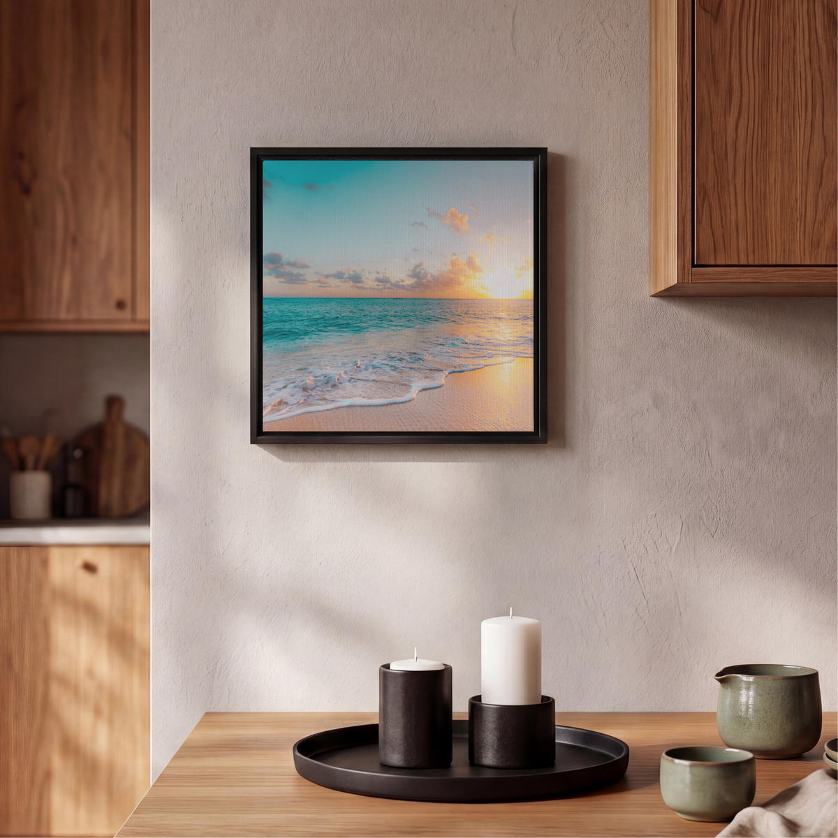 LEINWAND Bilder mit Rahmen - Sonnenuntergang - Strand - Meer - Sommer - Blau - 20x20 - Multicolor, Textil (20/20cm) - MuchoWow