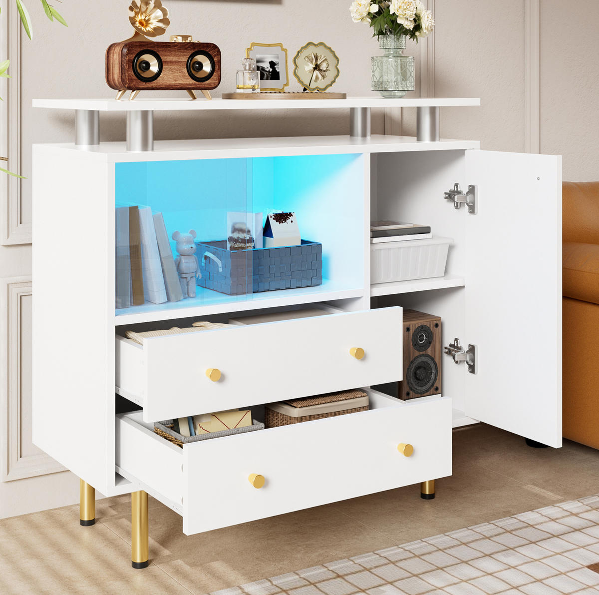 SIDEBOARD in Weiß 80x35x80 cm mit Glastüren, Schubladen und LED-Beleuchtung - Weiß, Holzwerkstoff (35/80/80cm) - IVMEU