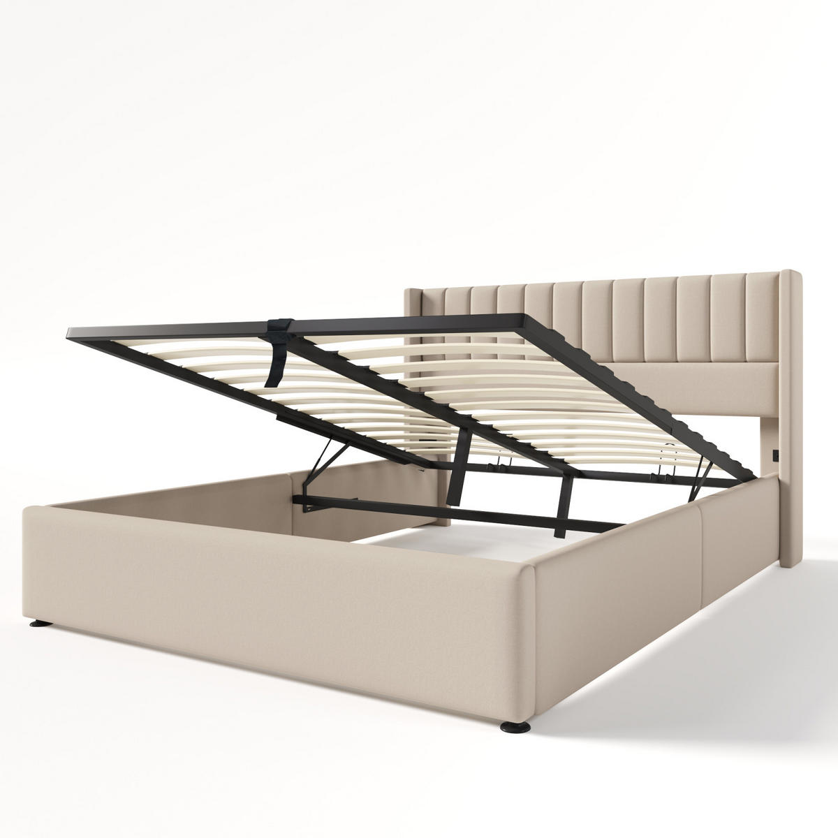 POLSTERBETT 160x200 cm, Beige, Hydraulisches Doppelbett - Beige, Textil/Metall (160/200cm)