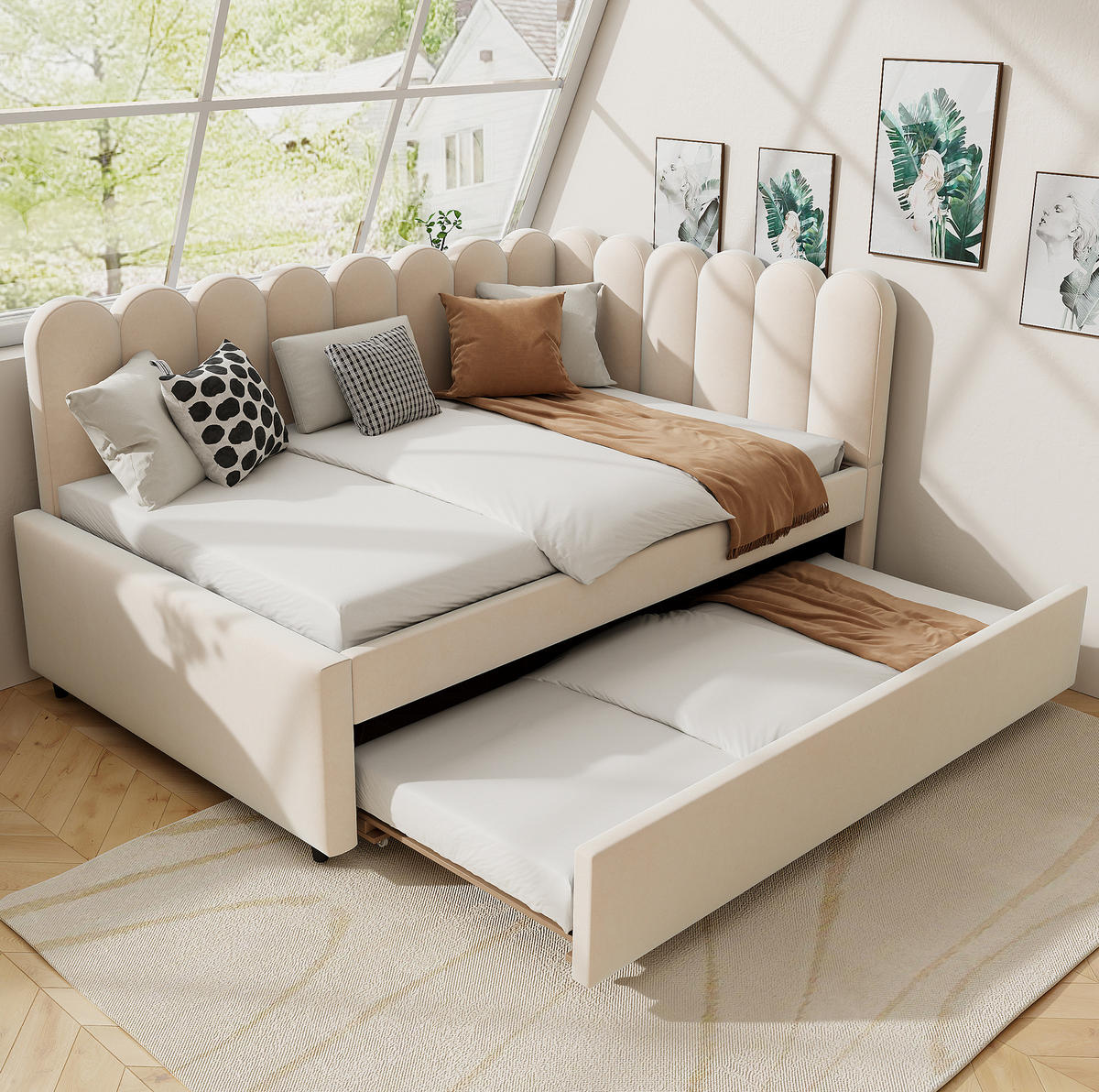 POLSTERBETT 140/200 cm mit Ausziehbett, L-Form und blütenblattförmiger Rückenlehne, Beige - Beige, Textil (140/200cm) - Redom