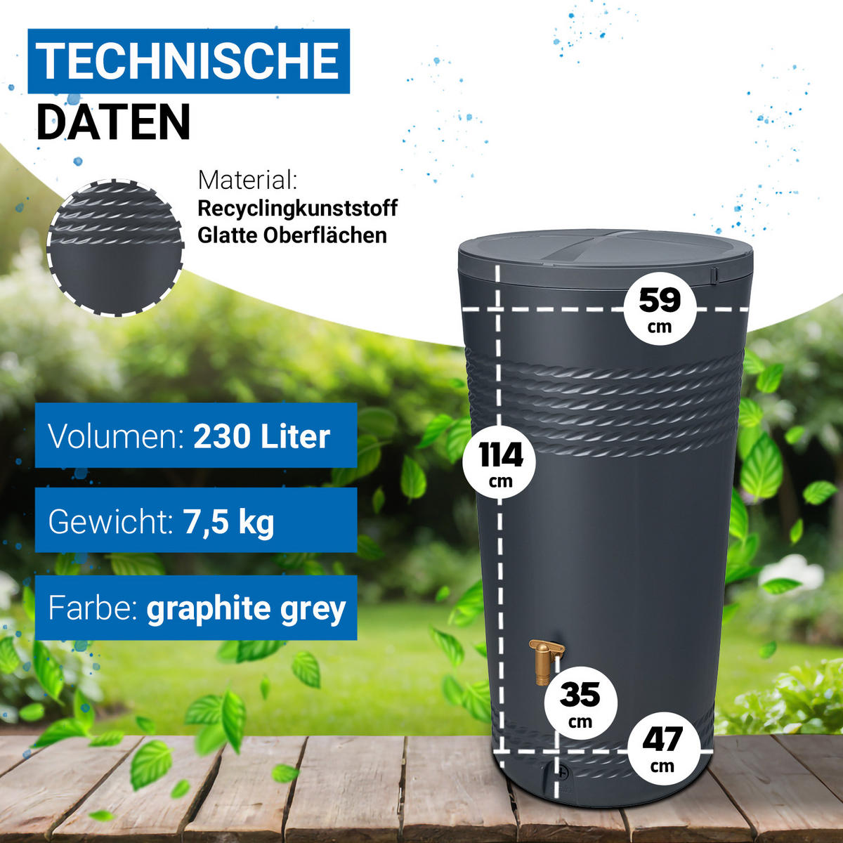 REGENTONNEN Komplett-Set 230 L graphite grey inkl. Kunststoff-Auslaufhahn und Fallrohranschluss - Grau, Kunststoff (59/114/59cm) - 4rain