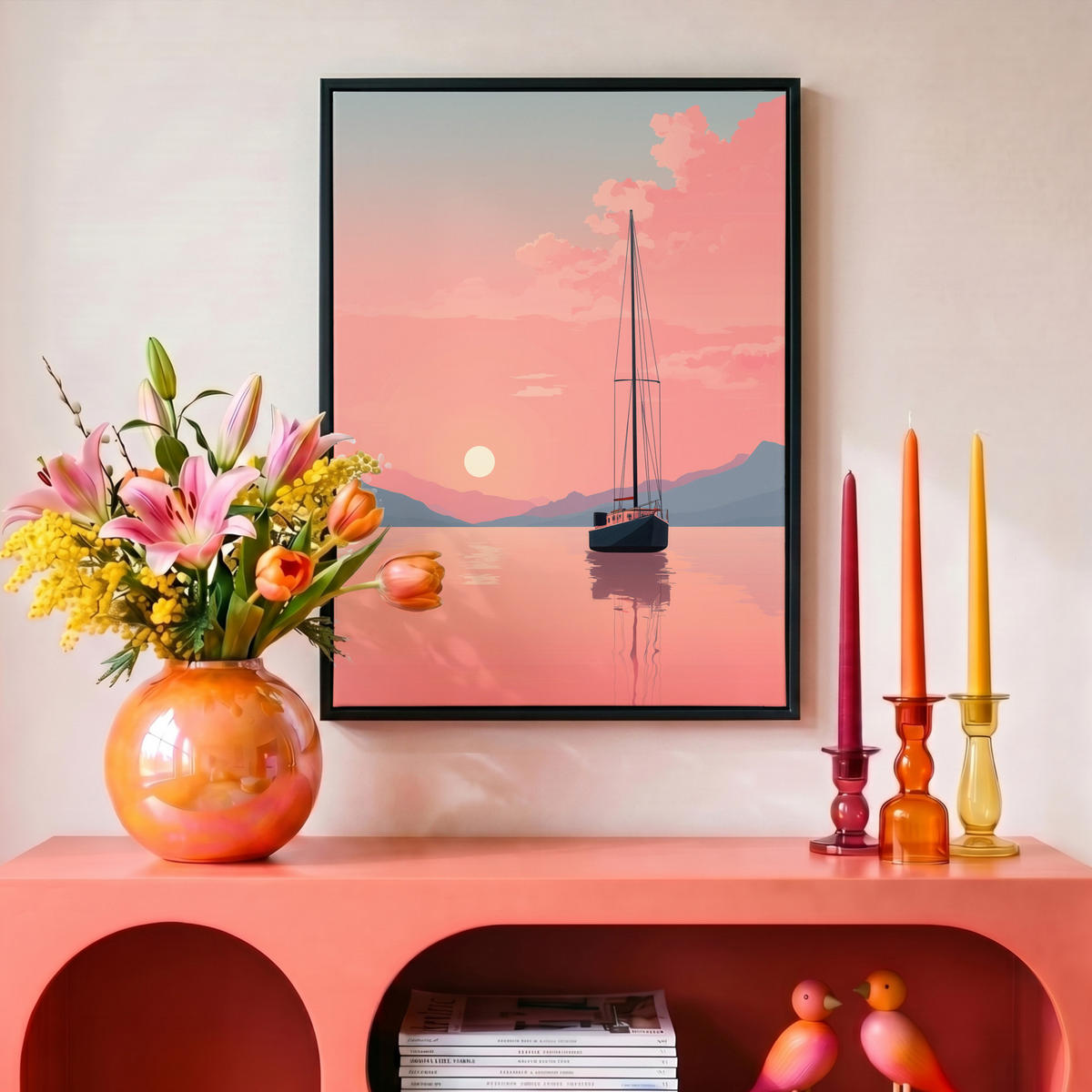 LEINWAND Bilder mit Rahmen - Segelboot - Rosa Meer - Sonnenuntergang - Berge - 30x40 - Rosa, Textil (30/40cm) - MuchoWow