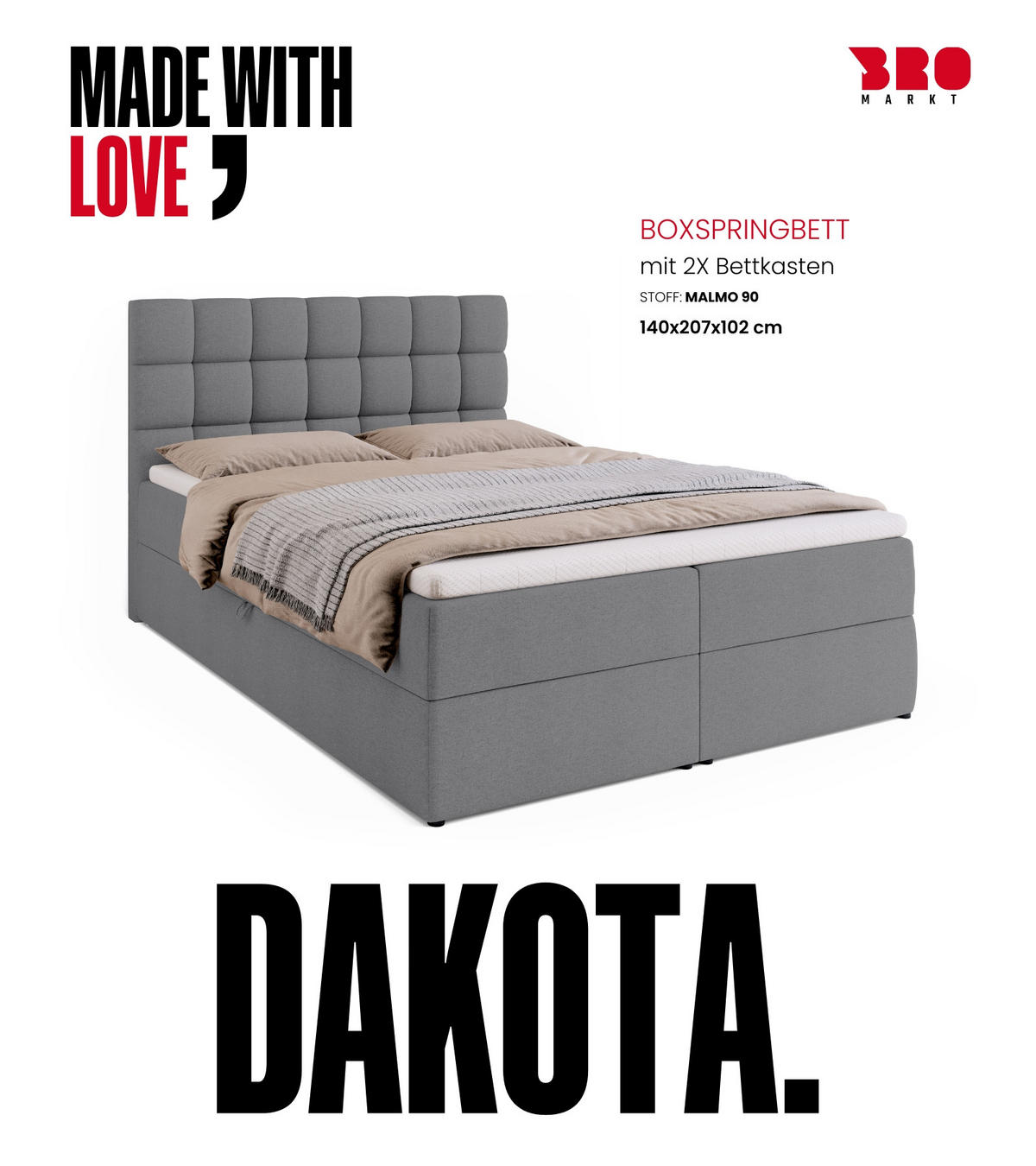 BOXBETT Dakota mit Topper 140/200 Hellgrau - Hellgrau, Textil (140/200cm) - Bromarkt