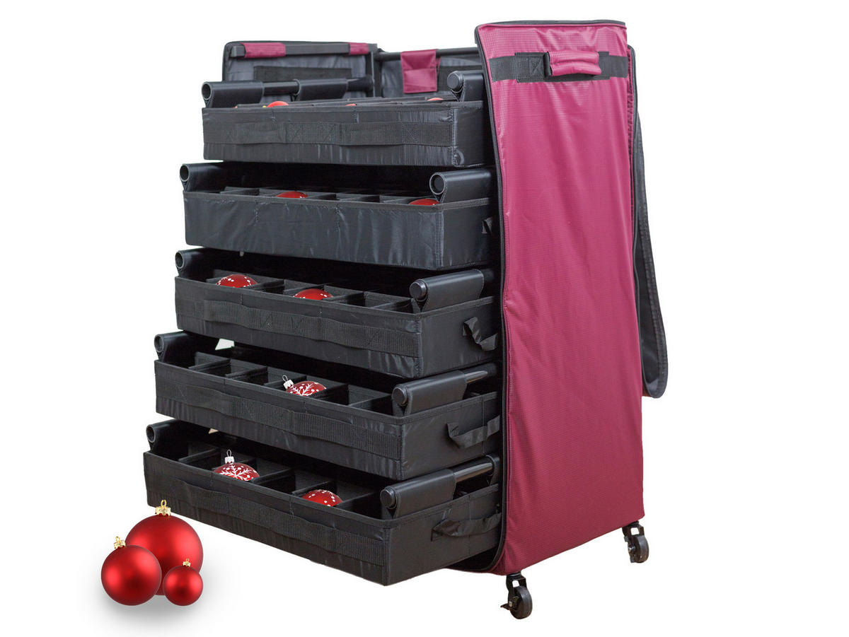 LAALU AUFBEWAHRUNGSBOX für Weihnachtsschmuck und Dekorationen mit Rädern und Schubladen, luxuriös, 120 Stück - Rot, Textil/Metall (0.01/1/0.01cm) - LAALU