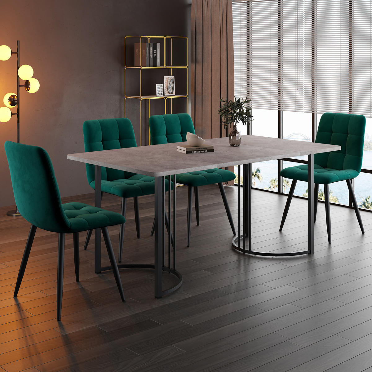 ESSGRUPPE 5-teilig mit Marmor-Look-Tisch 140×80 und vier grünen Samtstühlen, grau-grün - Grün, Holzwerkstoff (80/75/140cm) - Luhomfu