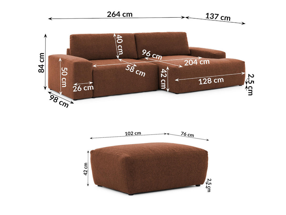 ECKSOFA inkl. Hocker Lennon aus Braun Strukturstoff mit Schlaffunktion und Bettkasten - Schwarz/Braun, Holz/Kunststoff (264/137cm) - S-Style