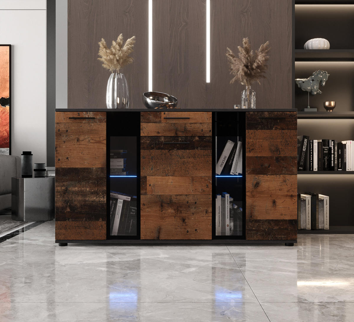 KOMMODE London LSK mit 3 Türen, Sideboard in Farbe: Dunkelbraun|Schwarz, Größe: 140 x 80 x 40 cm - Dunkelbraun/Schwarz, Holzwerkstoff (140/80/40cm) - O-Sofa