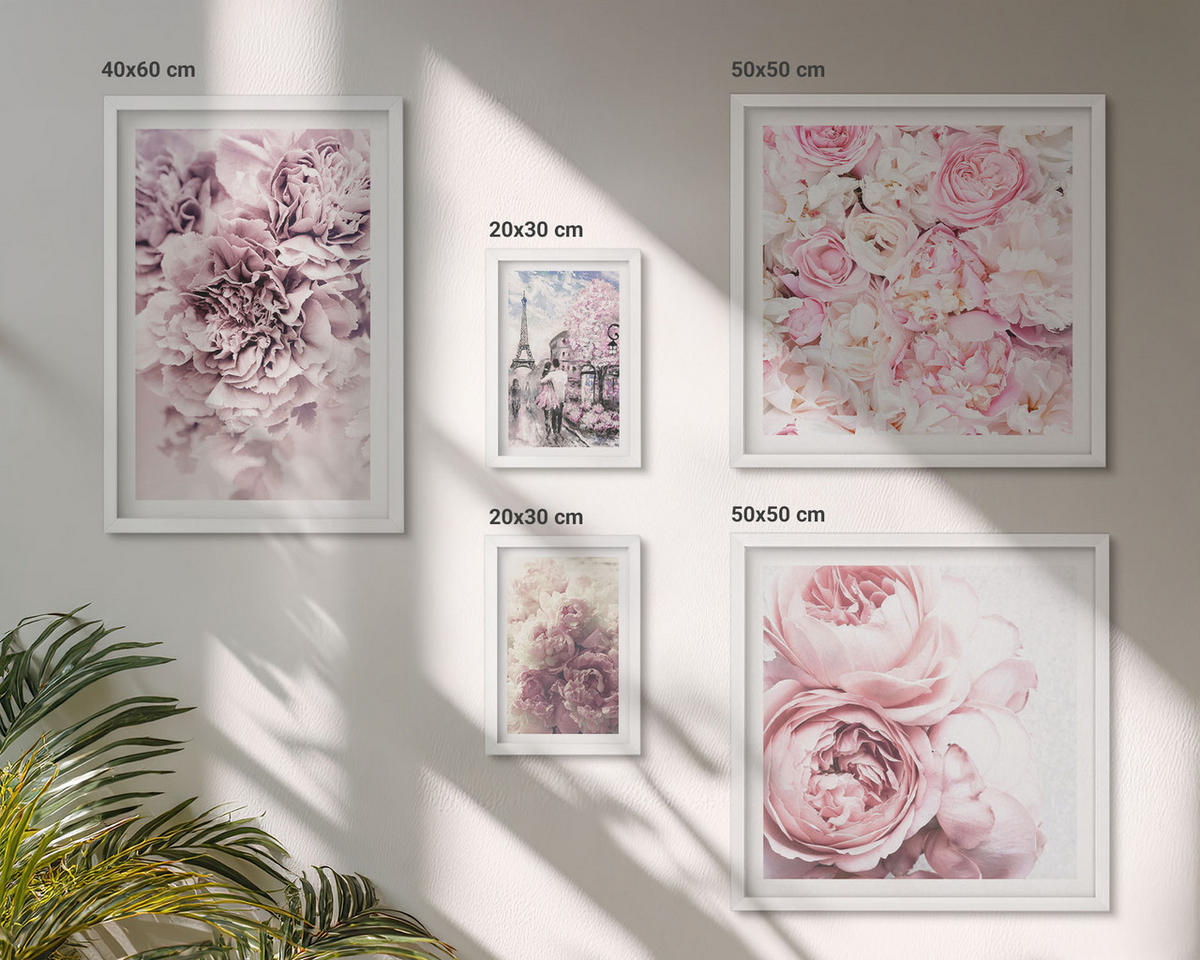 BILDER SET 5er Set - 50x50 cm & 20x30 cm & 40x60 cm Weißer Rahmen - Rosa Blumen, romantische Landschaft - Weiß, Kunststoff (40/60cm) - TULUP