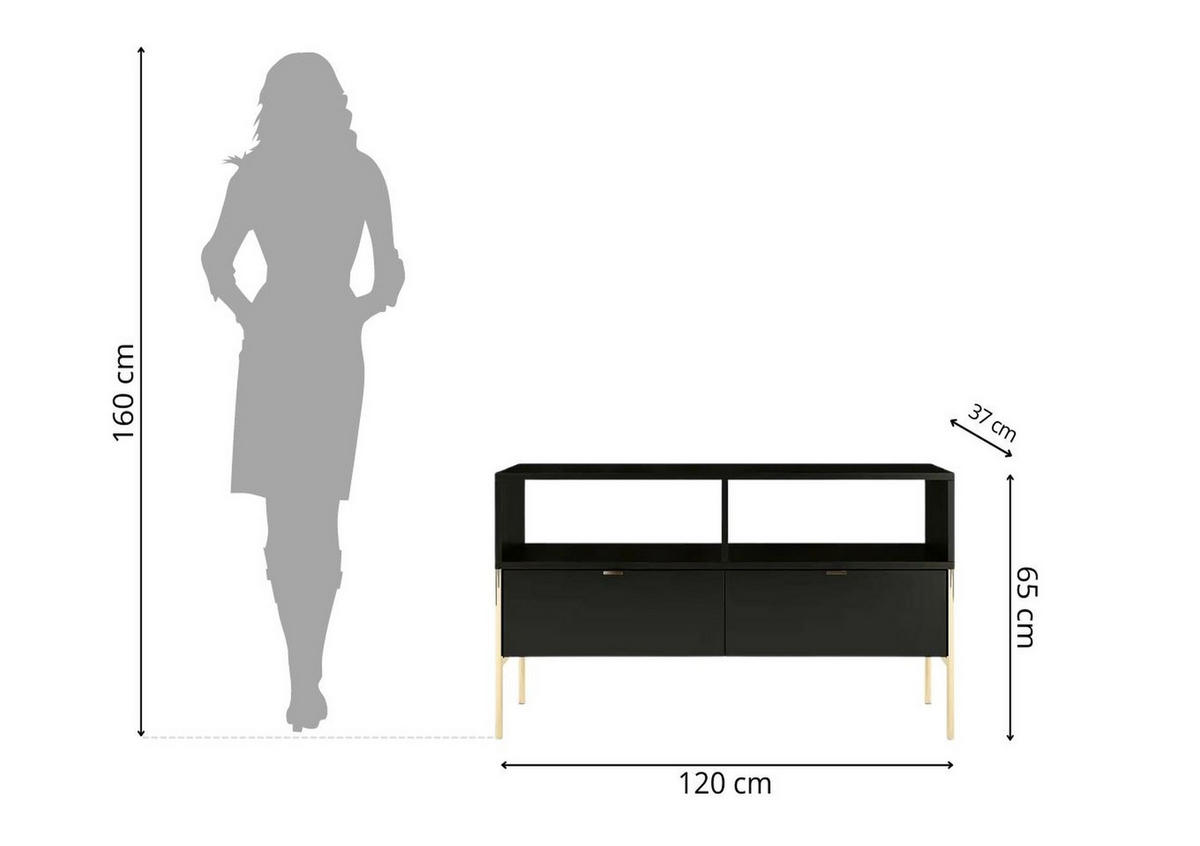 LOWBOARD Polka, Schwarz, Goldene Details - Goldfarben/Schwarz, Holzwerkstoff/Metall (120/65/37cm) - Skandica