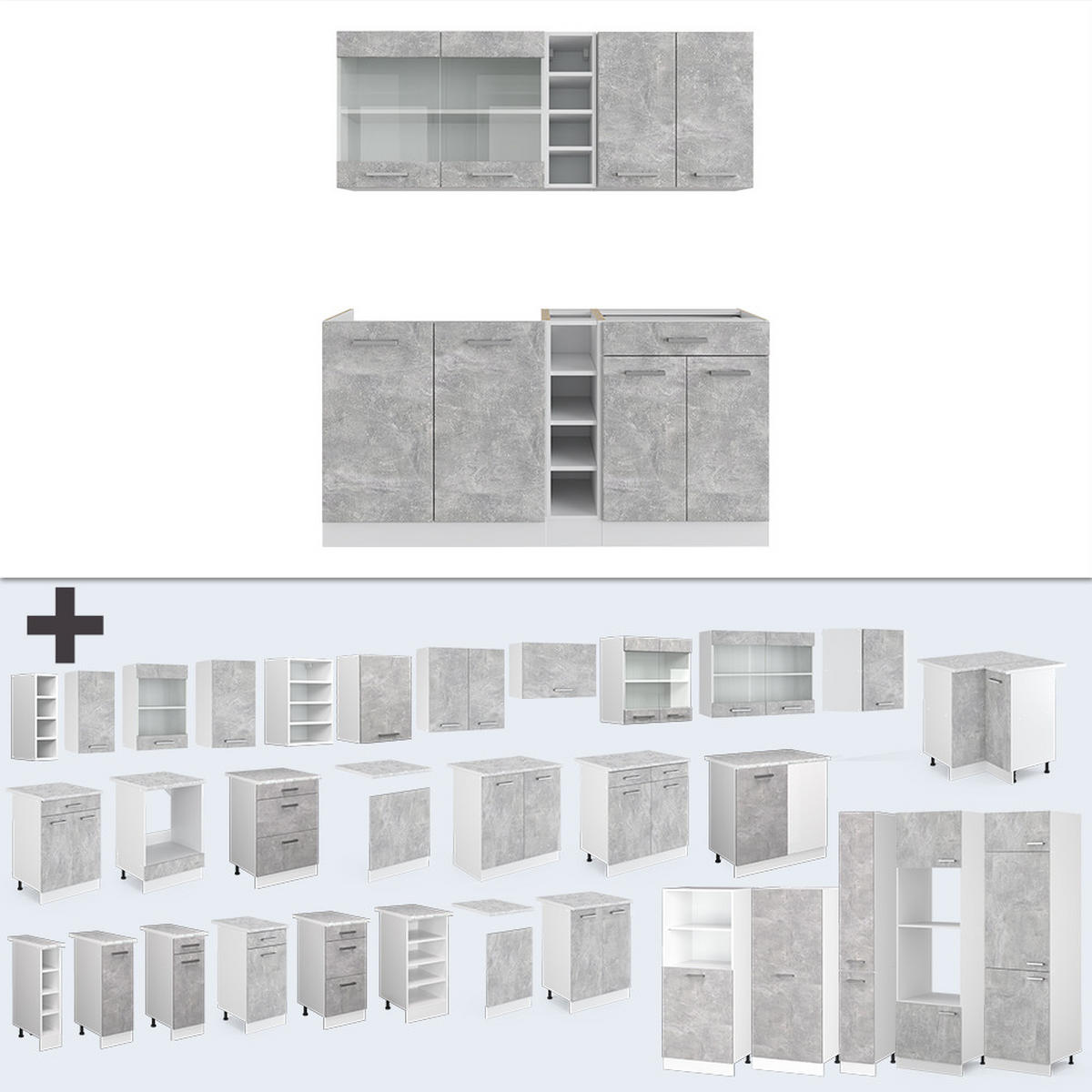 SINGLEKÜCHE R-Line Beton/Weiß 160 cm, AP Eiche - Schieferfarben/Weiß, Holzwerkstoff (160/81.6/60cm) - Vicco