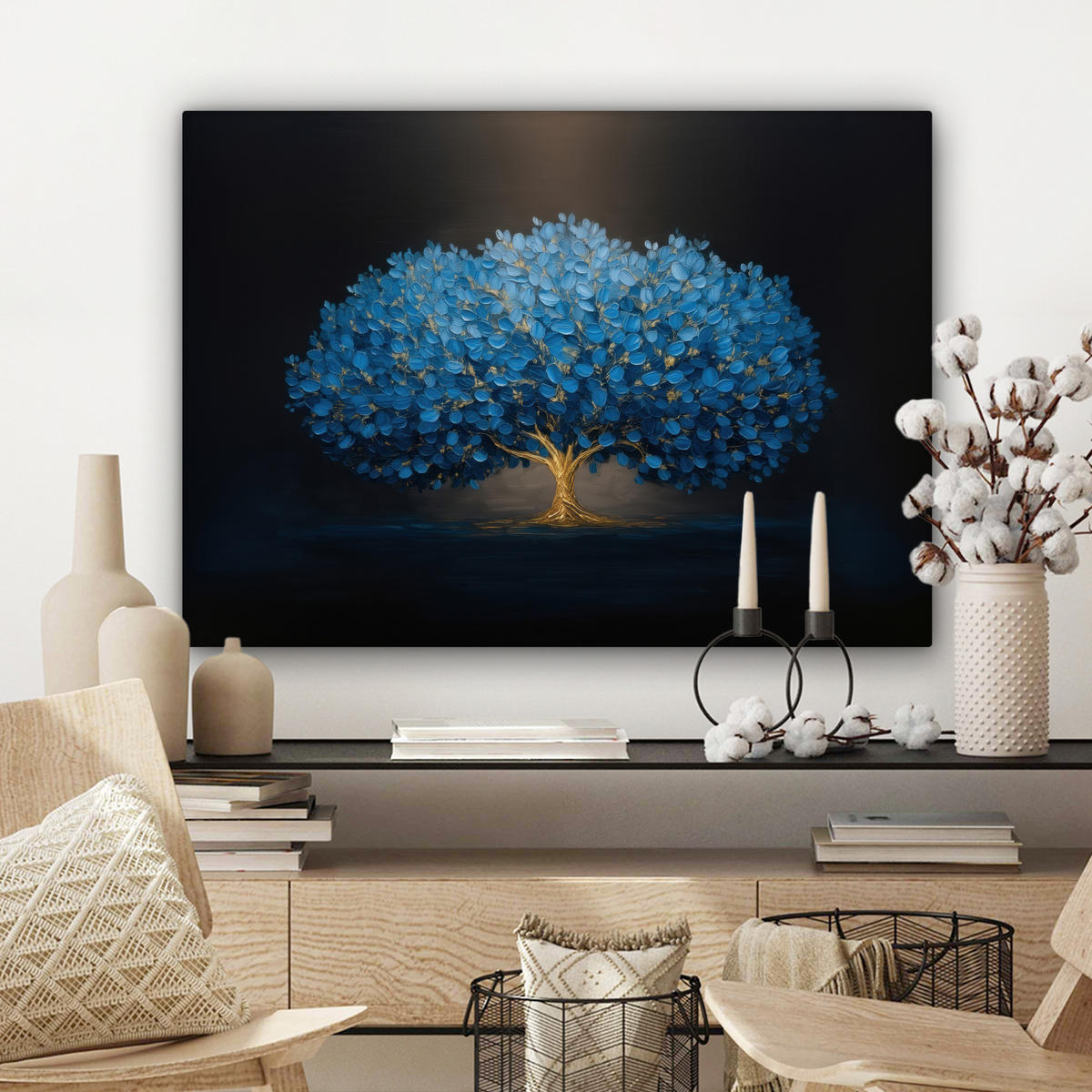 LEINWANDBILD Baum - Blau - Blätter - Pinselstriche Wandbilder 80x60 cm - Blau, Textil (80/60cm) - MuchoWow