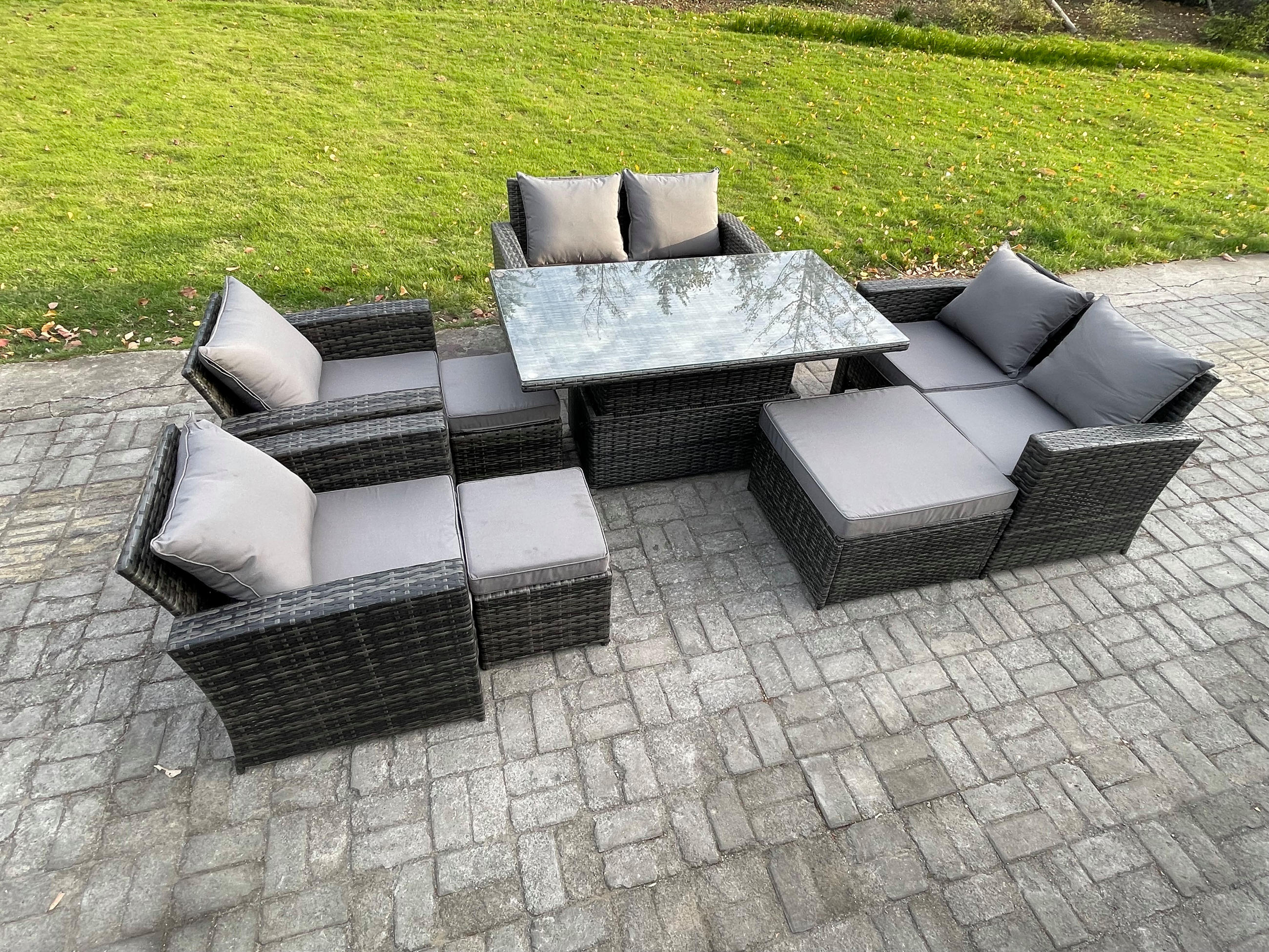 GARTENMÖBEL SET mit höhenverstellbarer Tisch Polyrattan Dunkelgrau 9-Sitzer - Dunkelgrau, Metall - Fimous