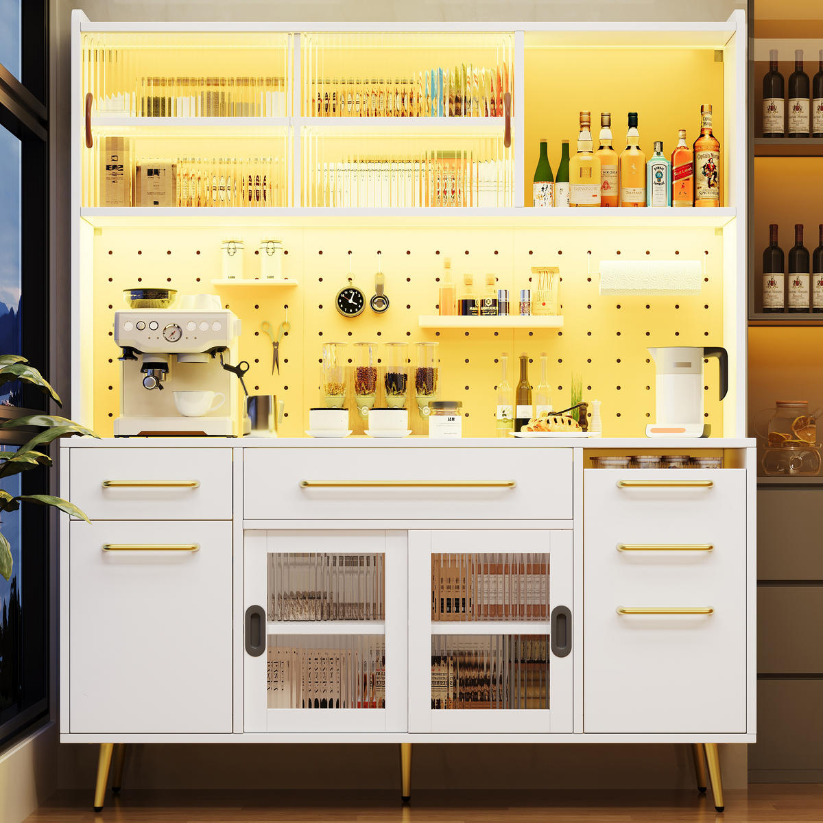 KÜCHENSCHRANK LED Lochwand Glastür Schublade Weiß - Weiß, Glas (145/171/39cm) - FLIEKS