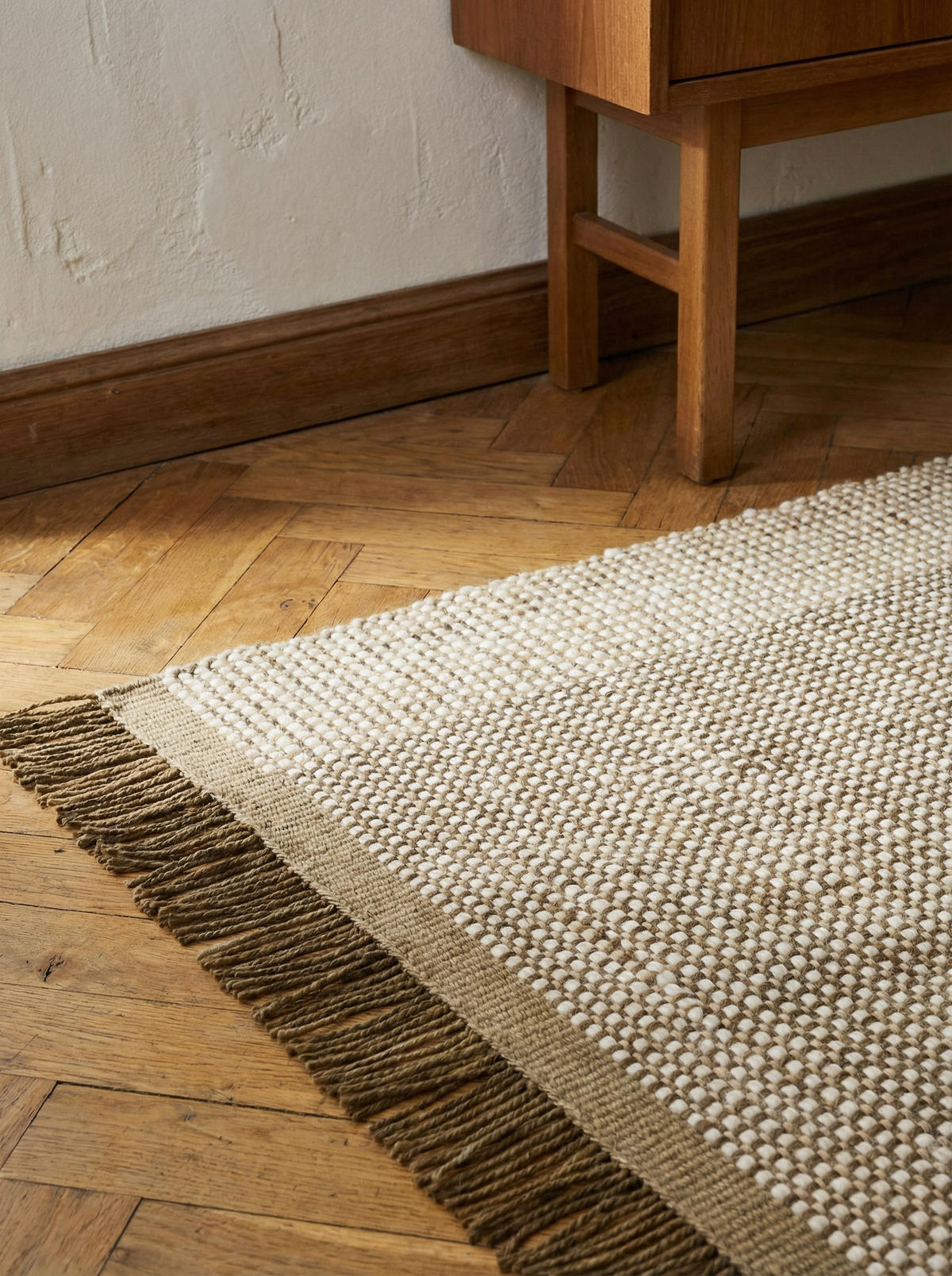 TEPPICH Wolle handgewebt mit Korbmuster Fransen PISA, Olivgrün 200x290 cm - Beige, Textil (200/290cm) - KADIMA DESIGN