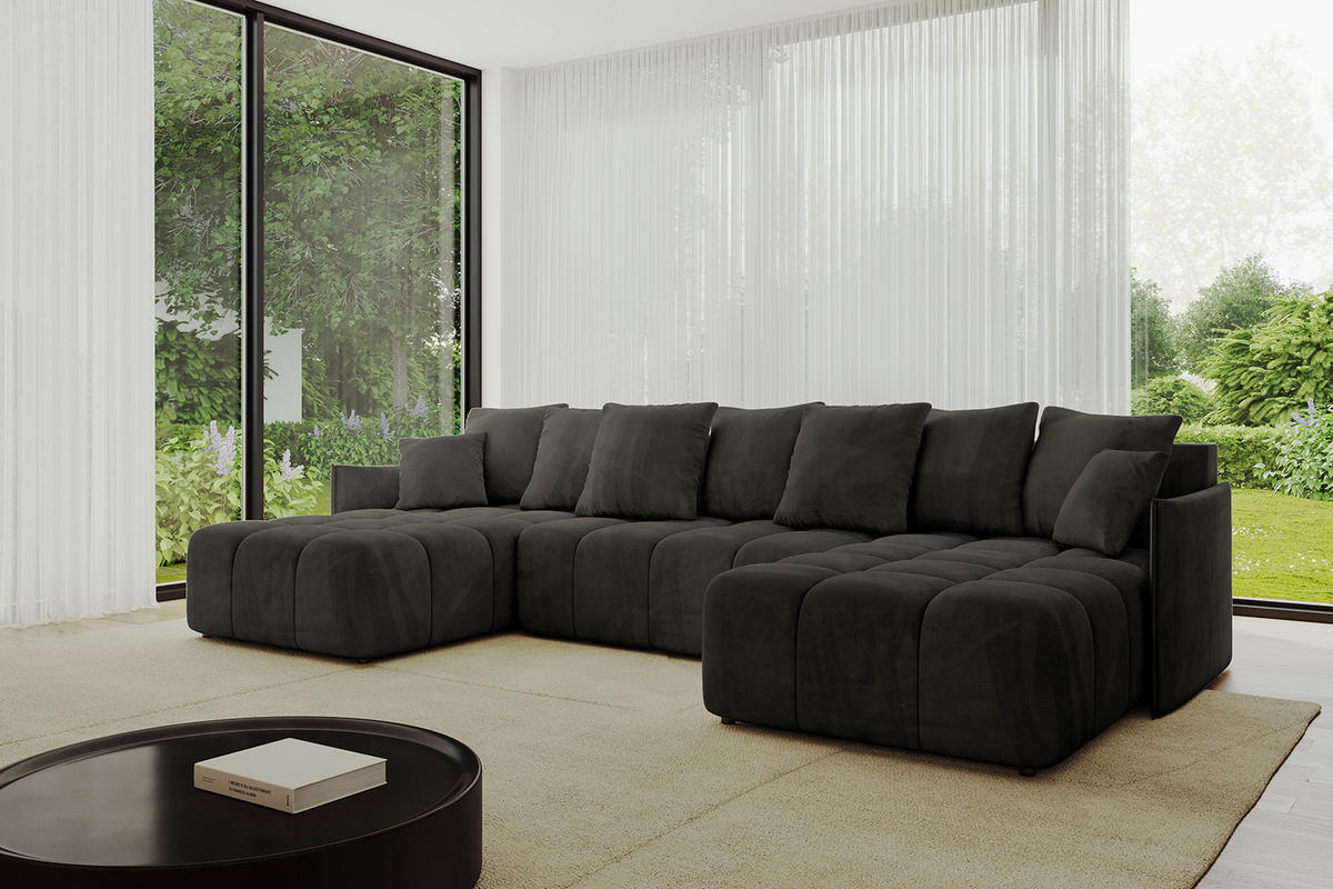 WOHNLANDSCHAFT LONLI-U 355x189x68 Schwarz Velours - Schwarz, Holzwerkstoff/Kunststoff (355/68/189cm) - ALTDECOR