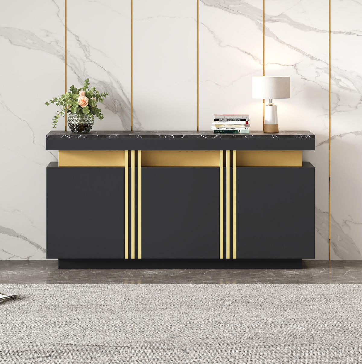 SIDEBOARD aus Spanplatte 140x38x70 cm Schwarz mit Marmordekor, 3 Türen und verstellbaren Einlegeböden - Schwarz, Holzwerkstoff (140/70/38cm) - Modfu