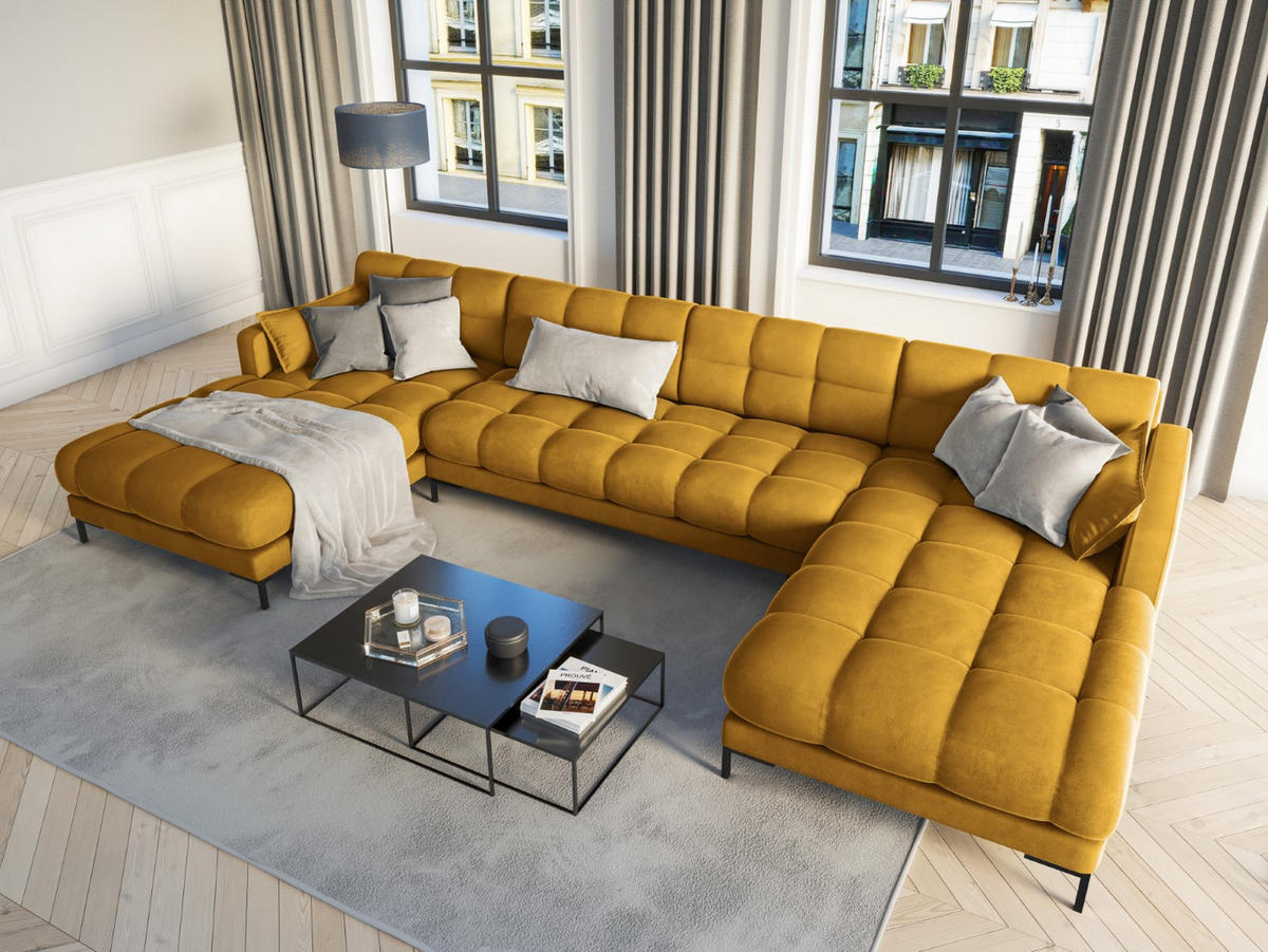 PANORAMASOFA Mamaia aus Samt gelb 6 Sitzplätze - Gelb, Textil (185/75/383cm) - Micadoni