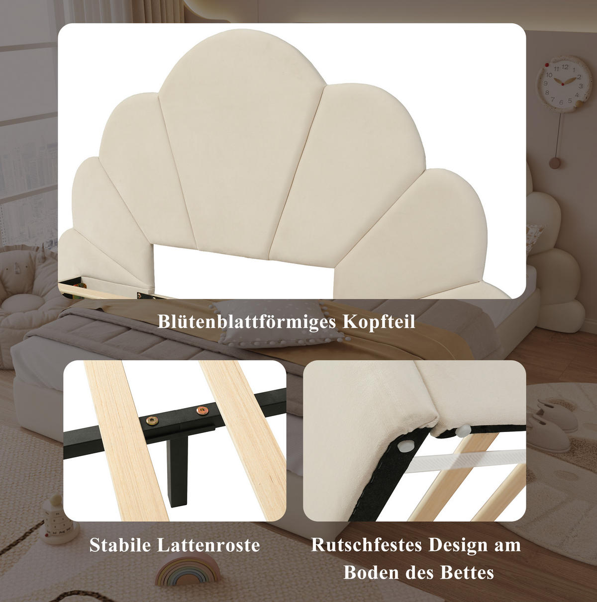 POLSTERBETT 140/200 cm Beige Samt mit Blüten-Kopfteil und rutschfestem Stand - Beige, Textil (140/200cm) - OKWISH