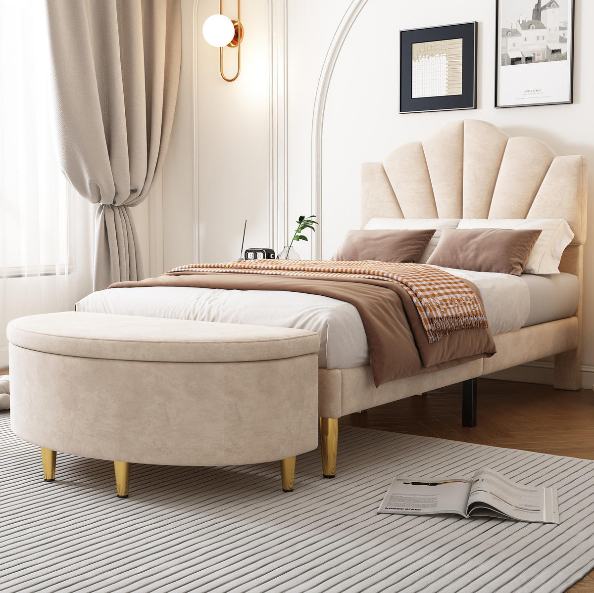 POLSTERBETT mit Polsterbank 90x200 cm Samt Beige - Beige, Metall (90/200cm) - Meubliv