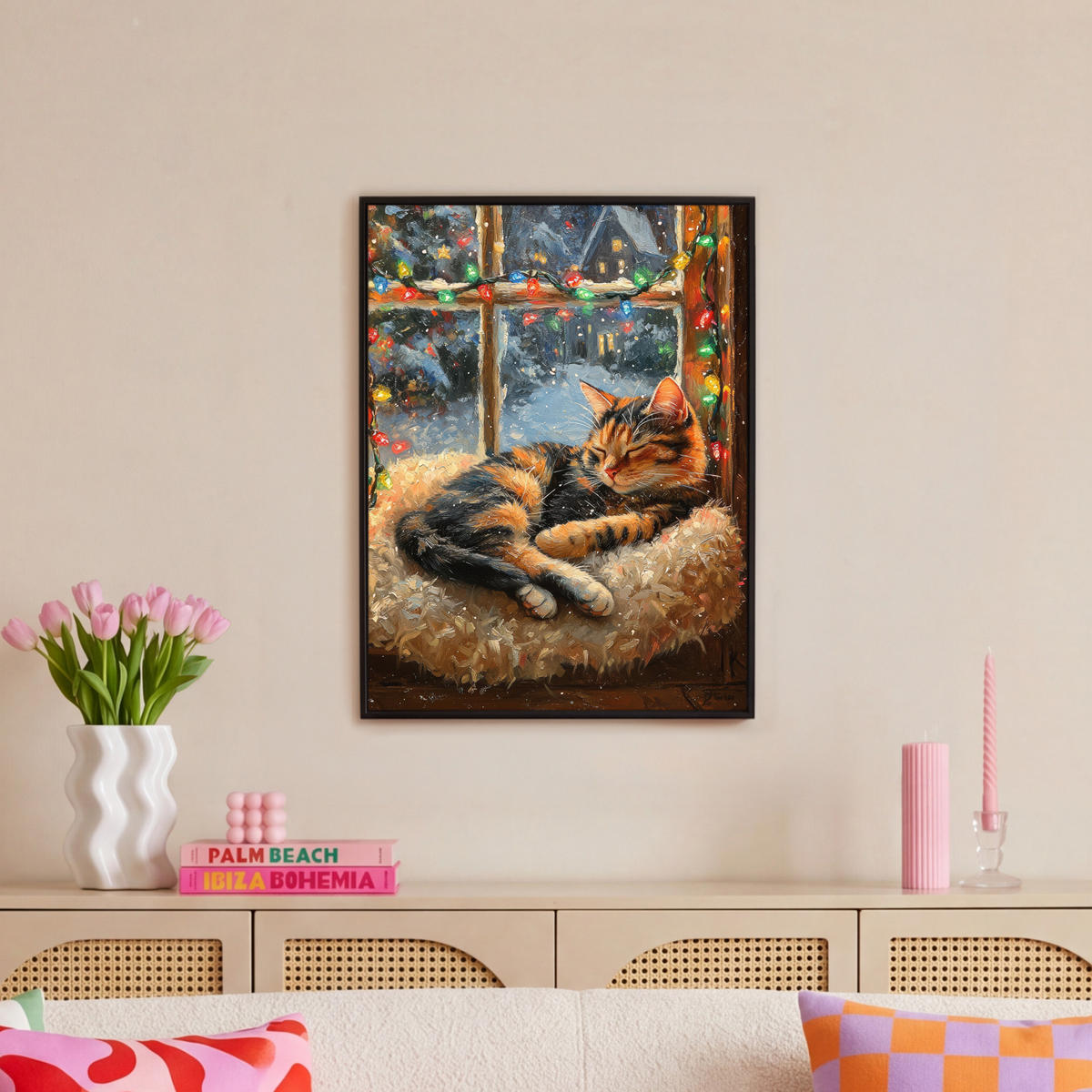 LEINWAND Bilder mit Rahmen - Katze - Weihnachten - Winter - Tier - 60x80 - Bernsteinfarben, Textil (60/80cm) - MuchoWow