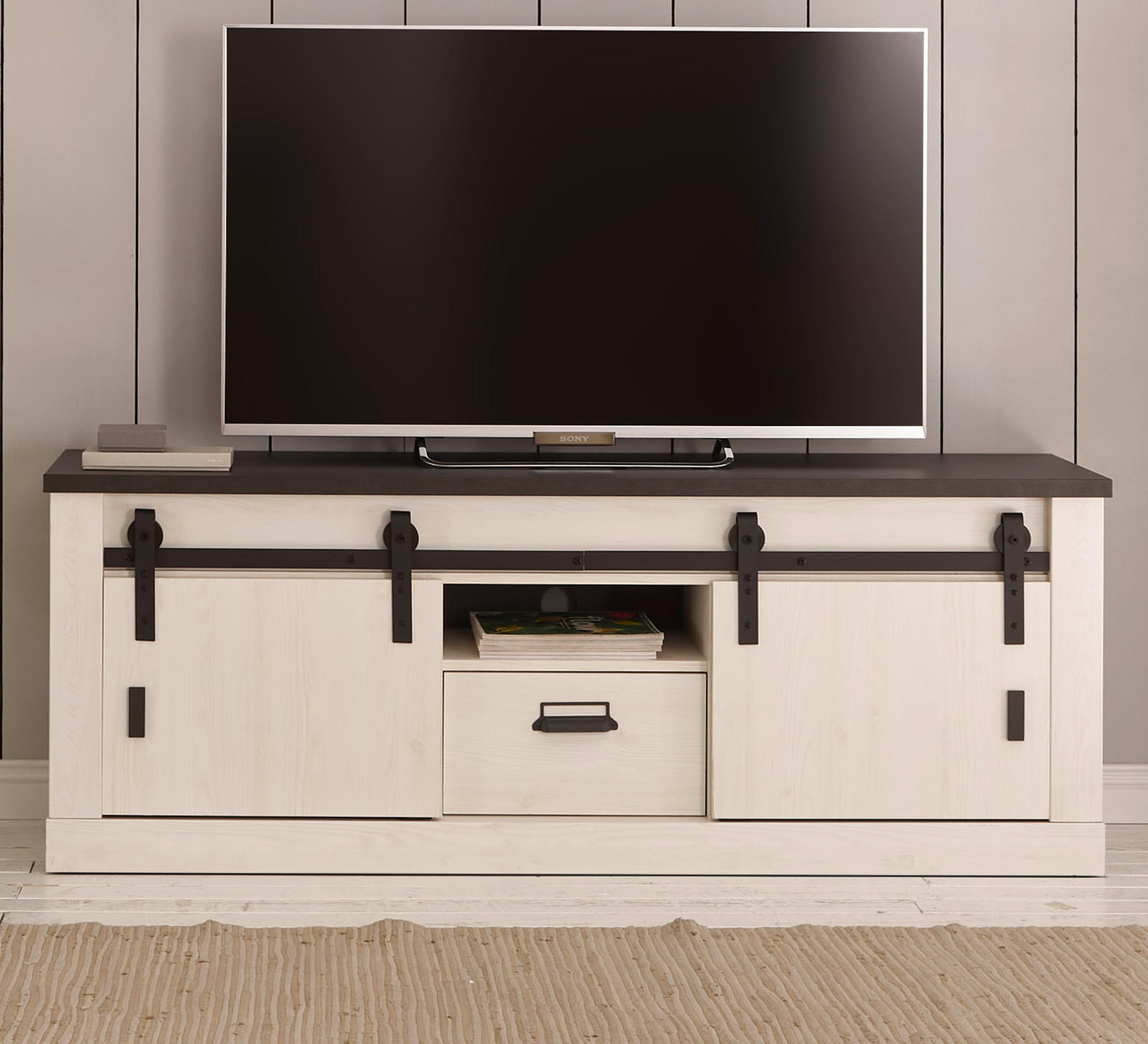 TV-LOWBOARD weiß Pinie, anthrazit, Landhaus, TV Unterteil Komforthöhe 162 x 61 cm - Anthrazit/Weiß, Holzwerkstoff/Metall (162/61/43cm) - Furn.Design