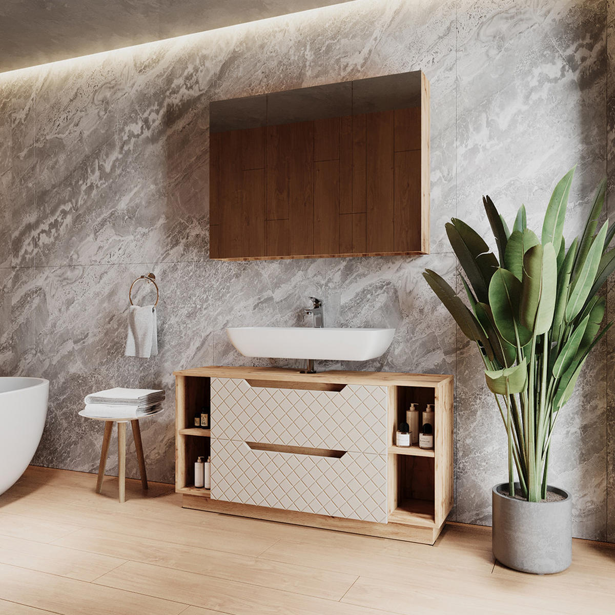 BADMÖBEL-SET Lotta Eiche/Kaschmir mit Kachelstruktur 2 Teile - Kaschmir/Eichefarben, Holzwerkstoff (119.2/62.5/35cm) - Vicco