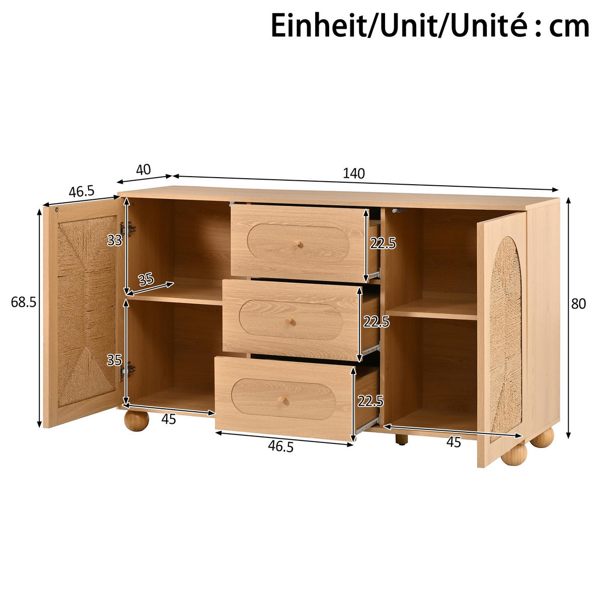 SIDEBOARD Seilgeflecht Türen 3 Schubladen Kieferfüße Modern - Naturfarben, Holzwerkstoff (140/80/40cm) - FLIEKS