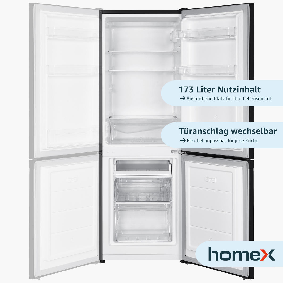 KÜHL-GEFRIER-KOMBINATION, freistehend, 173 Liter Nutzinhalt, 4-Sterne Gefrieren, Höhe 142,5 cm, 40 dB, Kühlschrank mit Gefrierfach groß, CFS1110-B - Schwarz, Glas/Kunststoff (49.5/142.5/56cm) - homeX