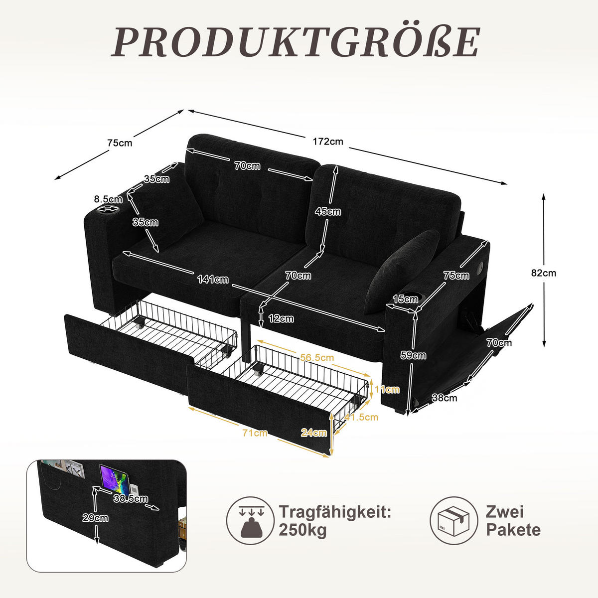 2-SITZER Sofa aus Chenille 172x75x82 cm in Schwarz mit USB & Stauraumschubladen - Schwarz, Textil (75/82/172cm) - Modfu