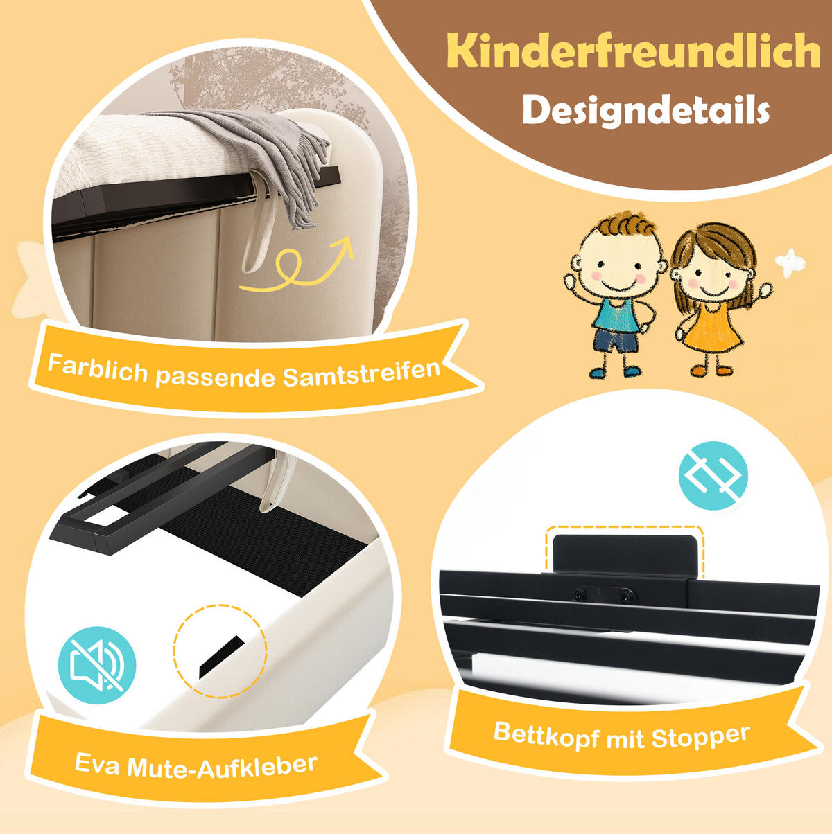 KINDERBETT 90/190 cm mit Stauraum, Samtbezug und Metall-Lattenrost in Beige - Beige, Textil (90/190cm) - BEAOK