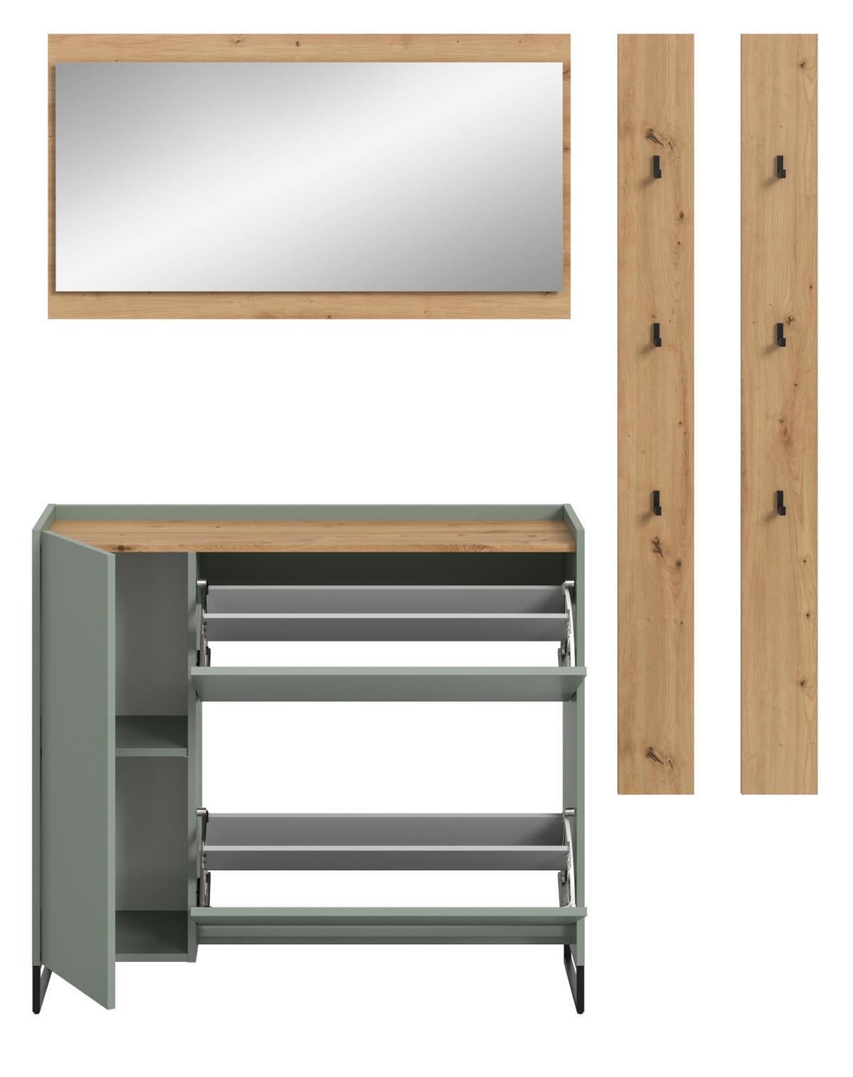 GARDEROBEN-SET Salbei und Artisan Eiche, Garderobe 172 x 197 cm, Soft-Close - Salbeigrün/Schwarz, Holzwerkstoff/Metall (172/197/32cm) - Inn.Furn