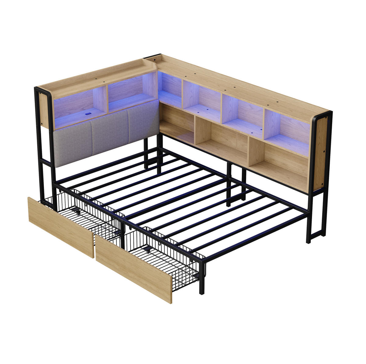 JUGENDBETT 90/200 cm aus MDF und Metall mit LED-Beleuchtung, USB- und Type-C-Anschluss, Stauraum und 2 Schubladen, Natur/Grau - Naturfarben, Holzwerkstoff (90/200cm) - Redom