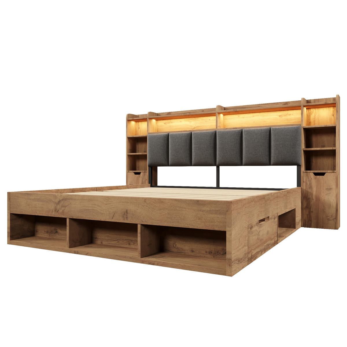 BETT 160/200 cm DE-32527 mit LED und Stauraum Eiche - Eichefarben, Holz (160/200cm) - ComfortXL