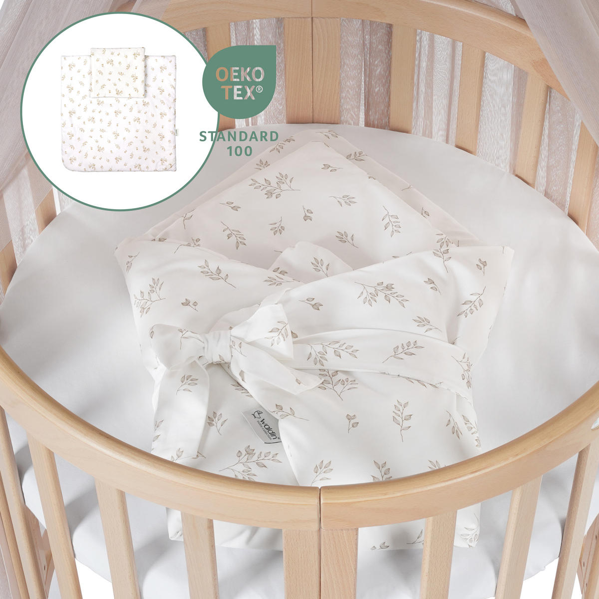 BABYBETT NATUR OVAL 7in1 mit Matratze und Himmelset - Taupe/Naturfarben, Holz/Textil