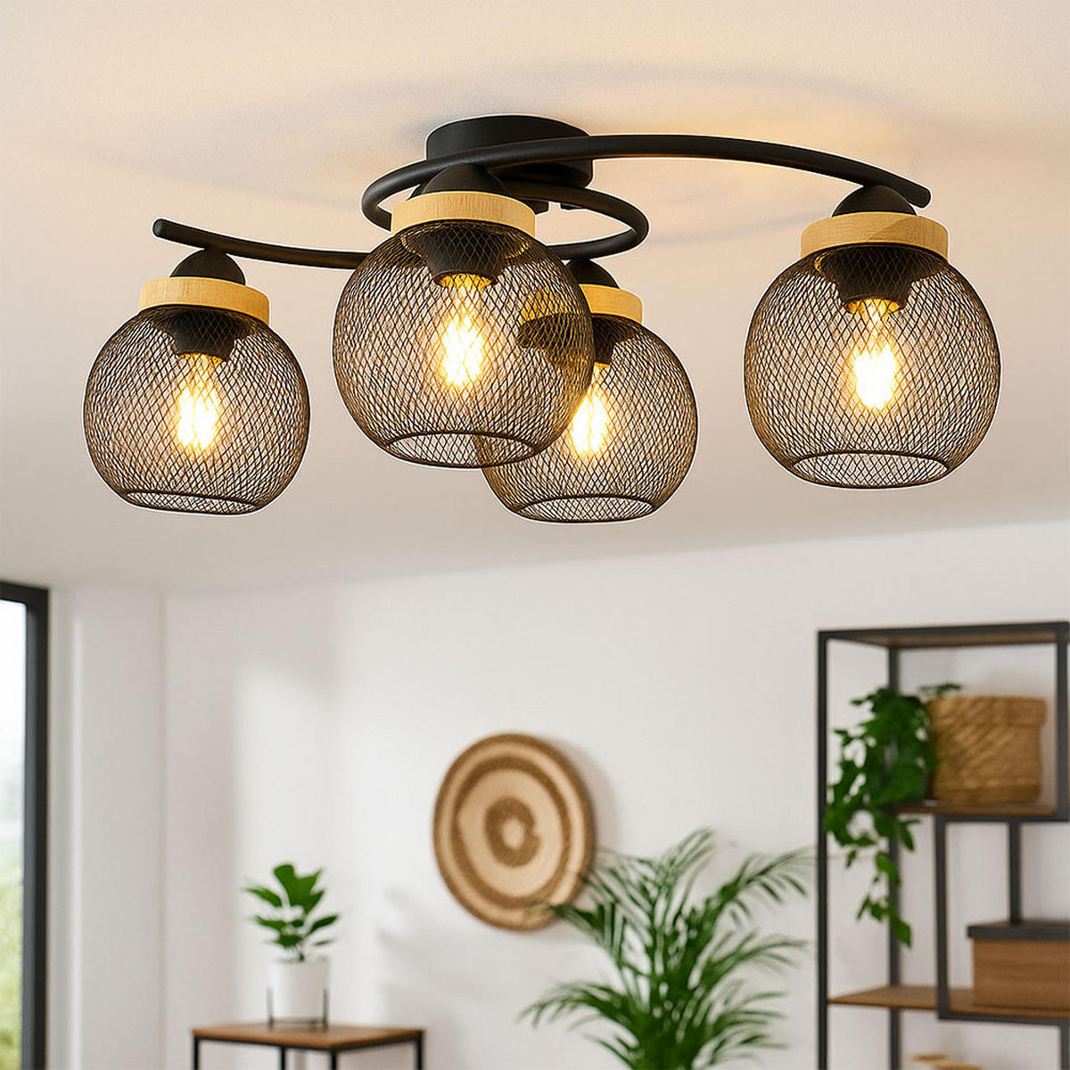 LED DECKENLEUCHTE Metall Schwarz Gitteroptik - Schwarz, Holz (60/35/22cm) - Globo Lighting