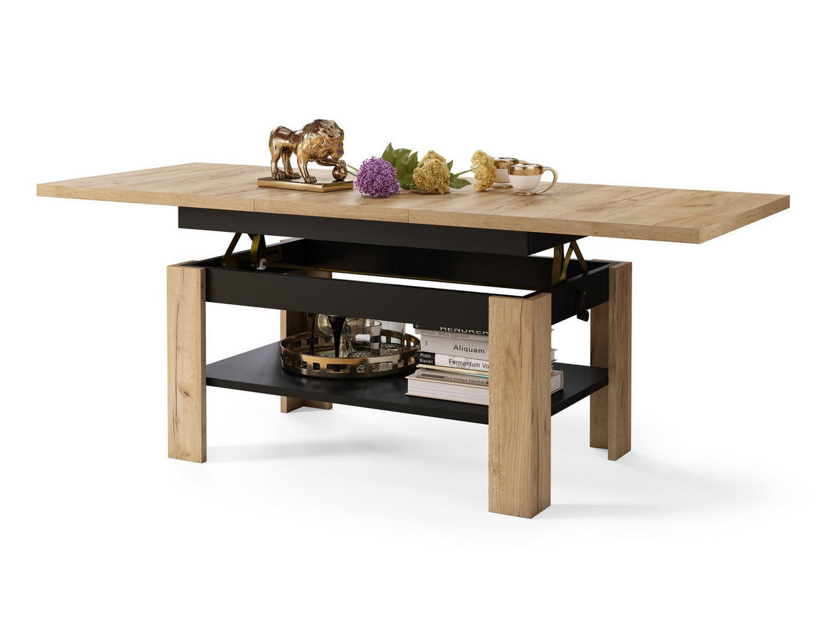 COUCHTISCH rechteckig Eiche Artisan - Schwarz ausziehbar höhenverstellbar - Schwarz/Eiche Artisan, Holzwerkstoff (65/130/58cm) - designimpex
