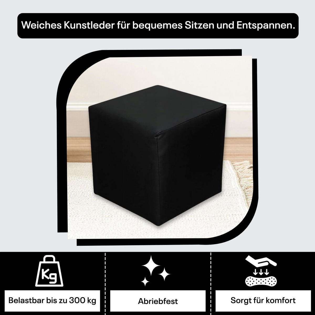 SITZWÜRFEL 40 x 40 x 40 cm Schwarz aus Kunstleder mit Holzwerkstoffrahmen - Schwarz, Leder (40/40/40cm) - Best For Home