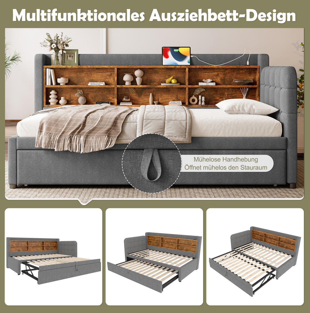 POLSTERBETT 90/200 cm Grau aus Leinen mit Ausziehbett und USB - Grau, Textil (90/200cm) - OKMYHOME