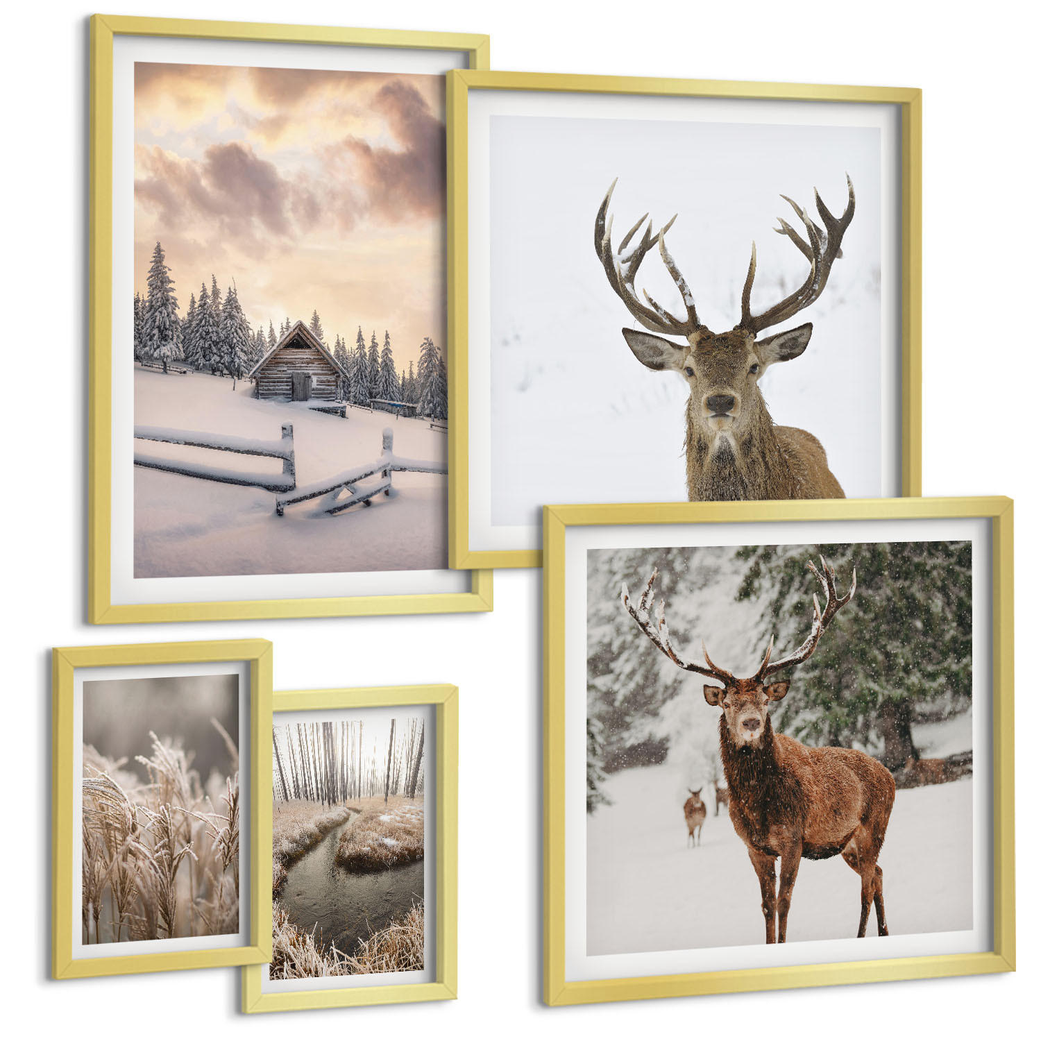 BILDER SET 5er Set - 50x50 cm & 20x30 cm & 40x60 cm Goldrahmen - Winterlandschaft mit Hirschen - Goldfarben, Kunststoff (40/60cm) - TULUP