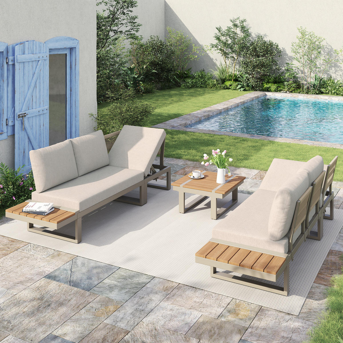 GARTENMÖBEL-SET, 2 Relaxbetten, Kippfunktion bis 55°, Beige - Beige, Textil - FLIEKS