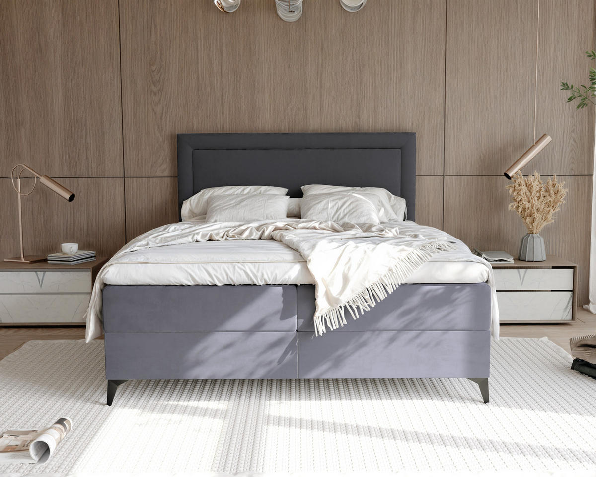 BOXBETT NERO 160/200 cm mit Matratze und Topper, Dunkelgrau - Dunkelgrau/Schwarz, Holzwerkstoff/Textil (160/200cm) - Idohome