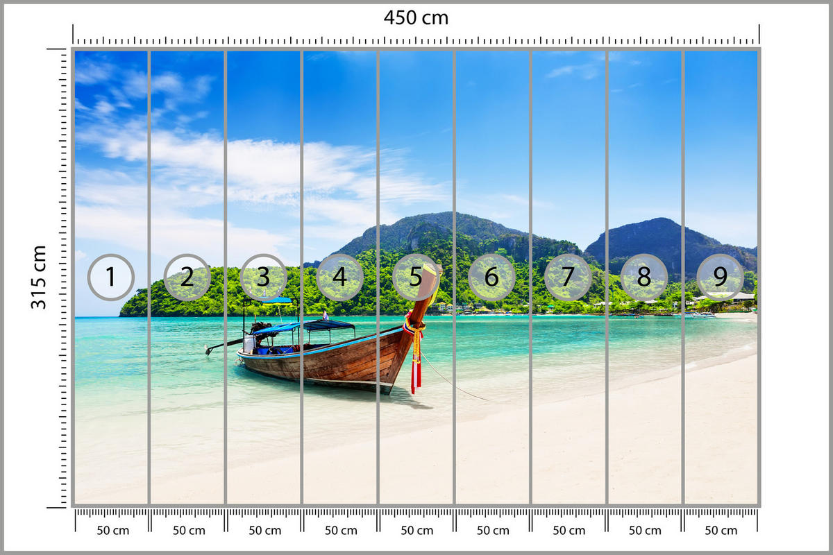 FOTOTAPETE für Schlafzimmer Boot Tropenstrand Palmen Meer 450x315 - Türkis/Blau, Papier (450/315cm) - Muralo