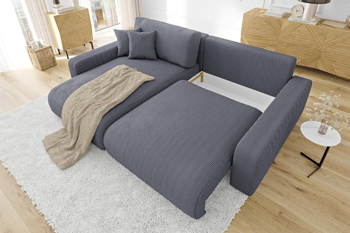 ECKSOFA Emma Grau Cord - Ottomane links - Grau, Textil (234/170cm) - S-Style Möbel